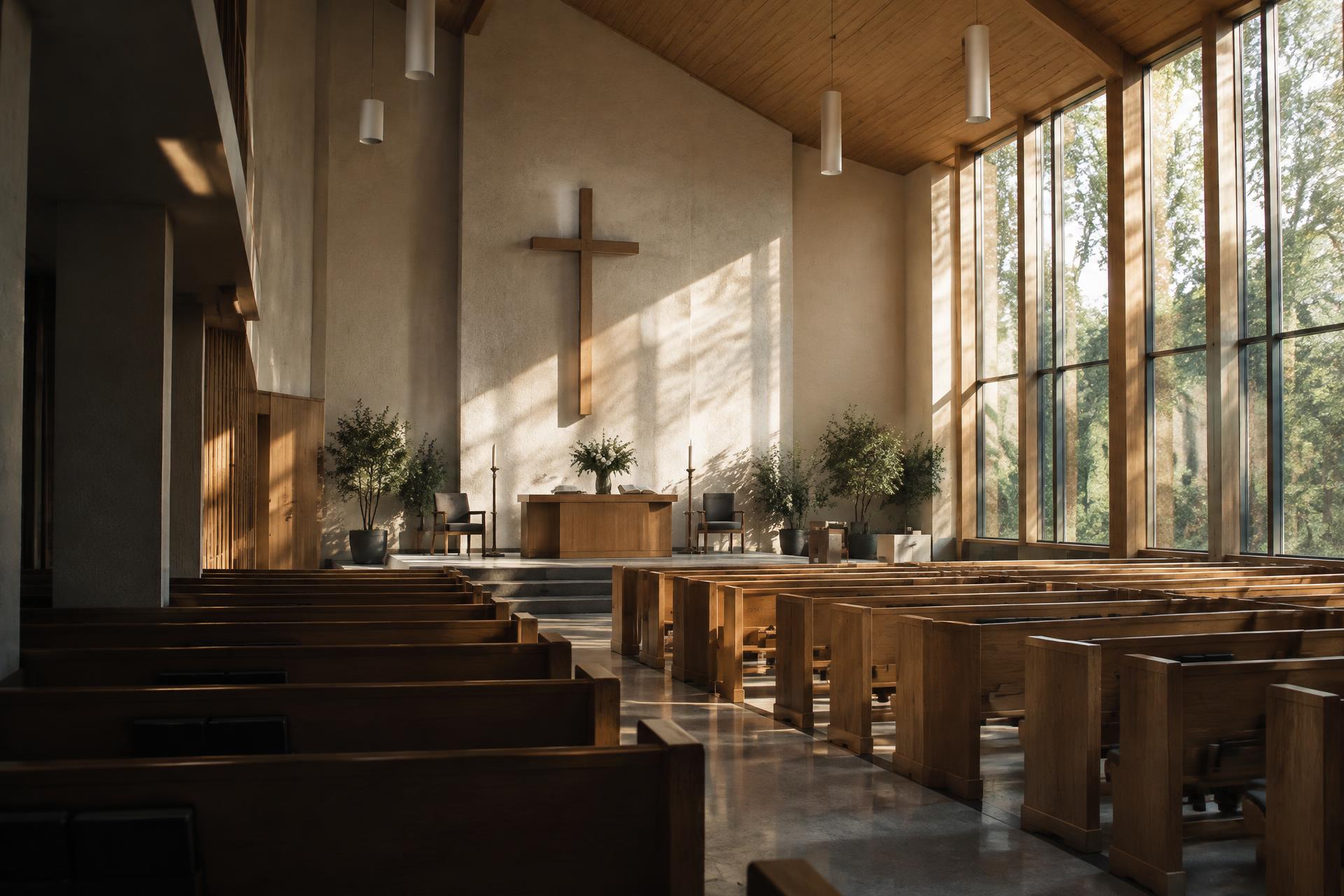 Illustrative sanctuary with sunlight falling across wooden pews